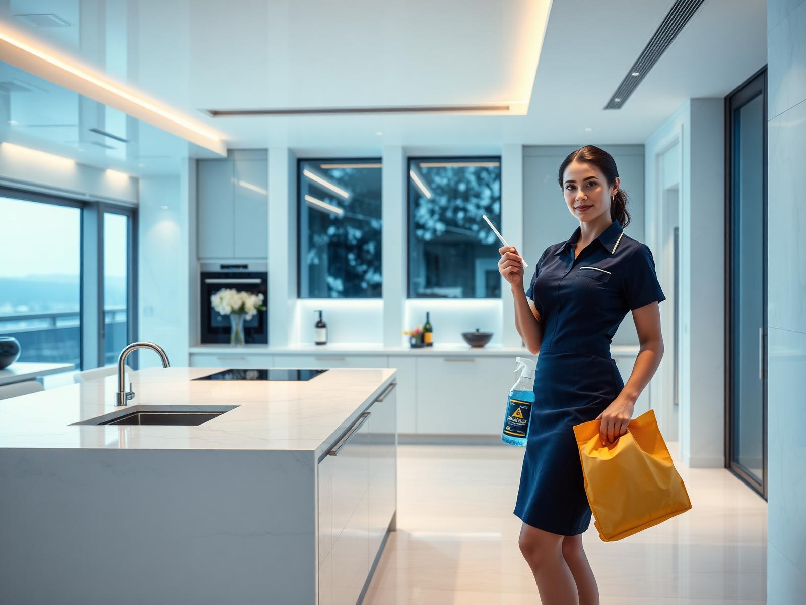 Professional cleaner in modern luxury kitchen